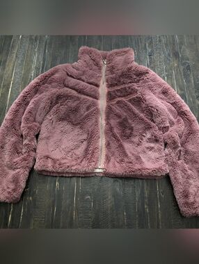 Anthropologie Faux Fur Teddy Bomber Dusty Mauve Jacket with Lace Chevron Small